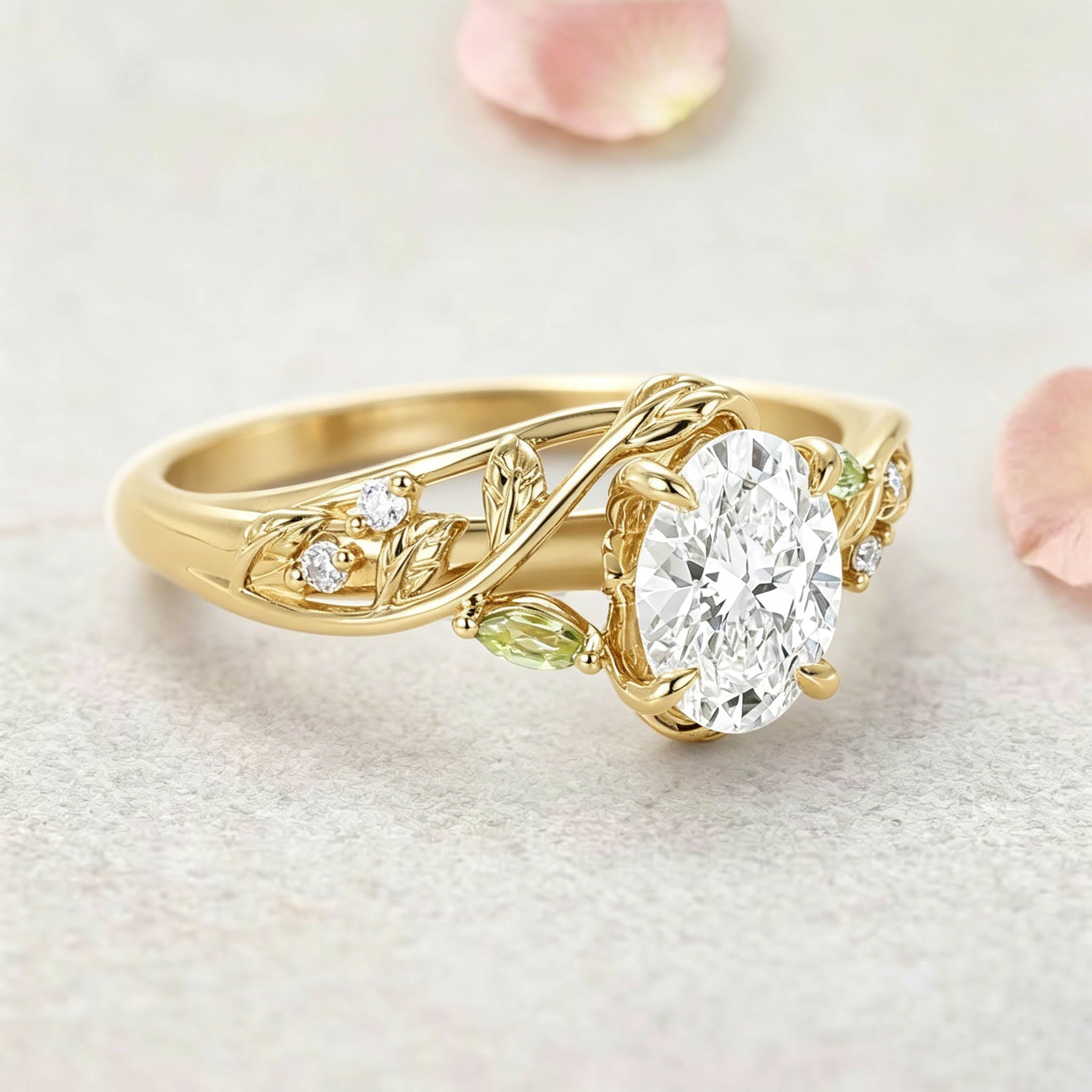Vintage Garden-themed Oval Lab Grown Diamond 14K Yellow Gold Engagement Ring