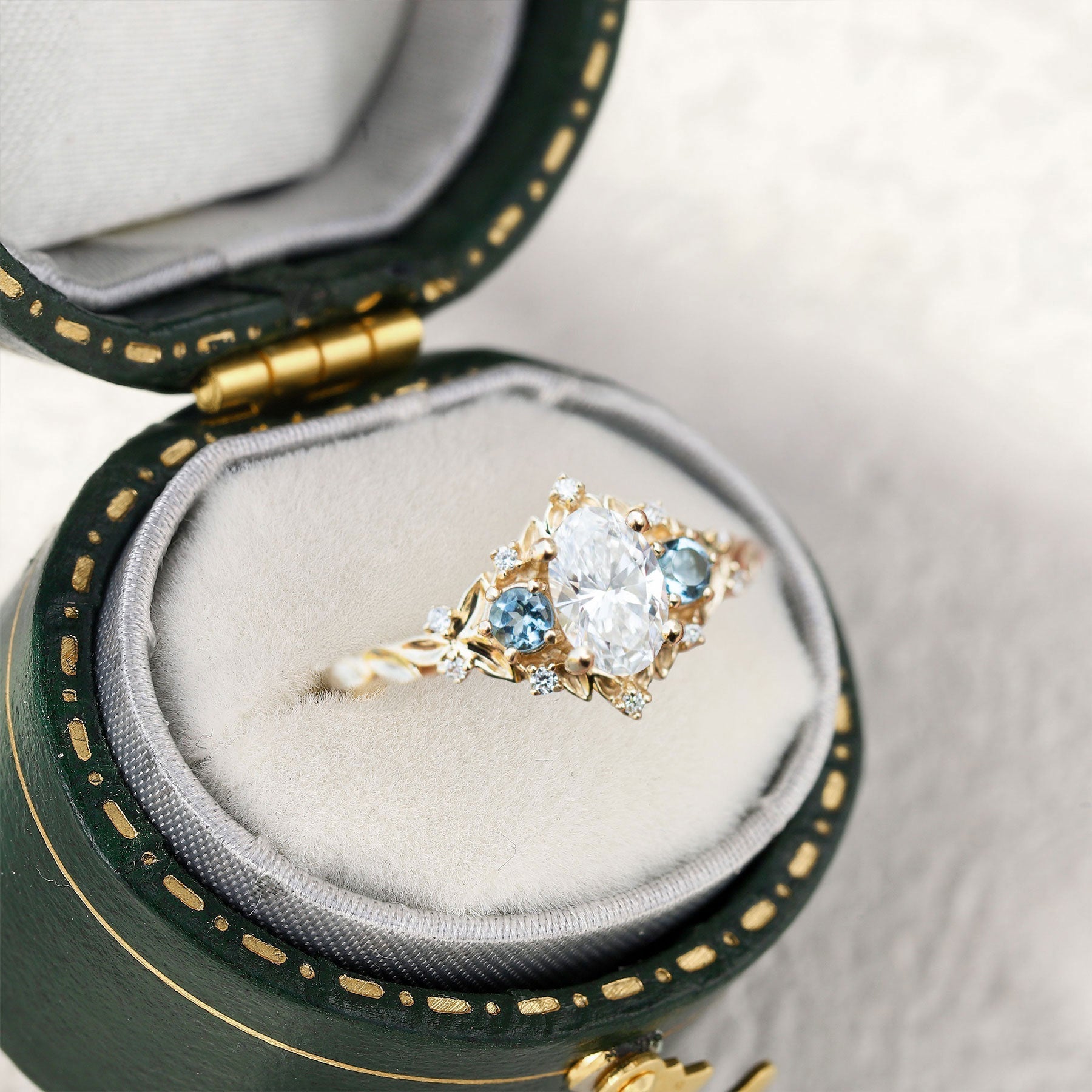 Unique floral engagement rings Rose Three-Stone Oval Moissanite and Lab Topaz 18K Yellow Gold Ring
