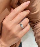 Unique floral engagement rings Rose Three-Stone Oval Moissanite and Lab Topaz 18K Yellow Gold Ring