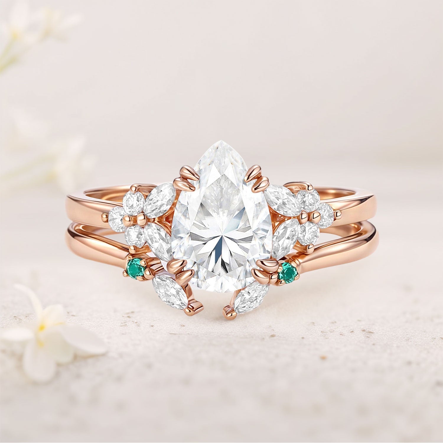 Unique Cluster Pear Moissanite 18K Rose Gold Chevron Ring Set