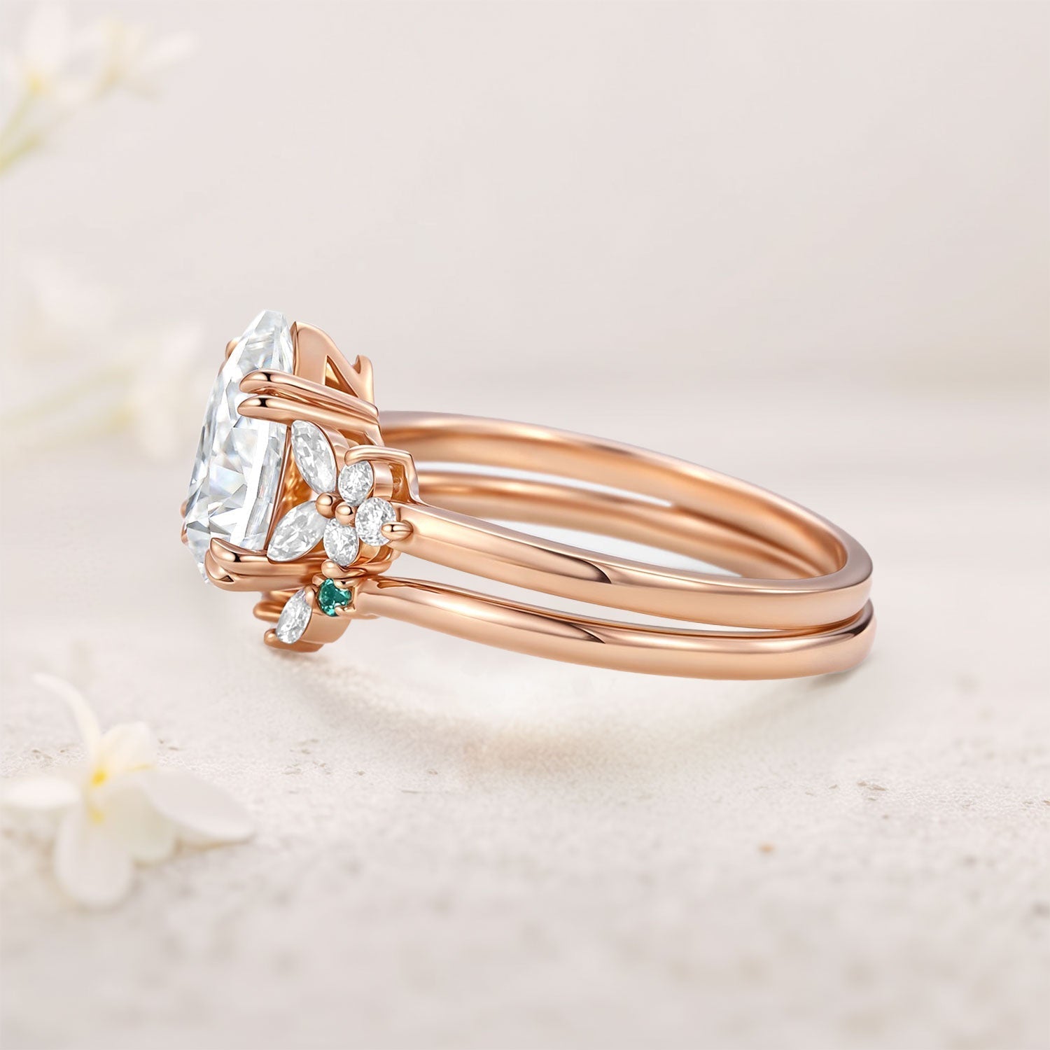Unique Cluster Pear Moissanite 18K Rose Gold Chevron Ring Set
