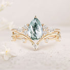 Unique Branches Pear Moss Agate 18K Yellow Gold Leafy Ring Set