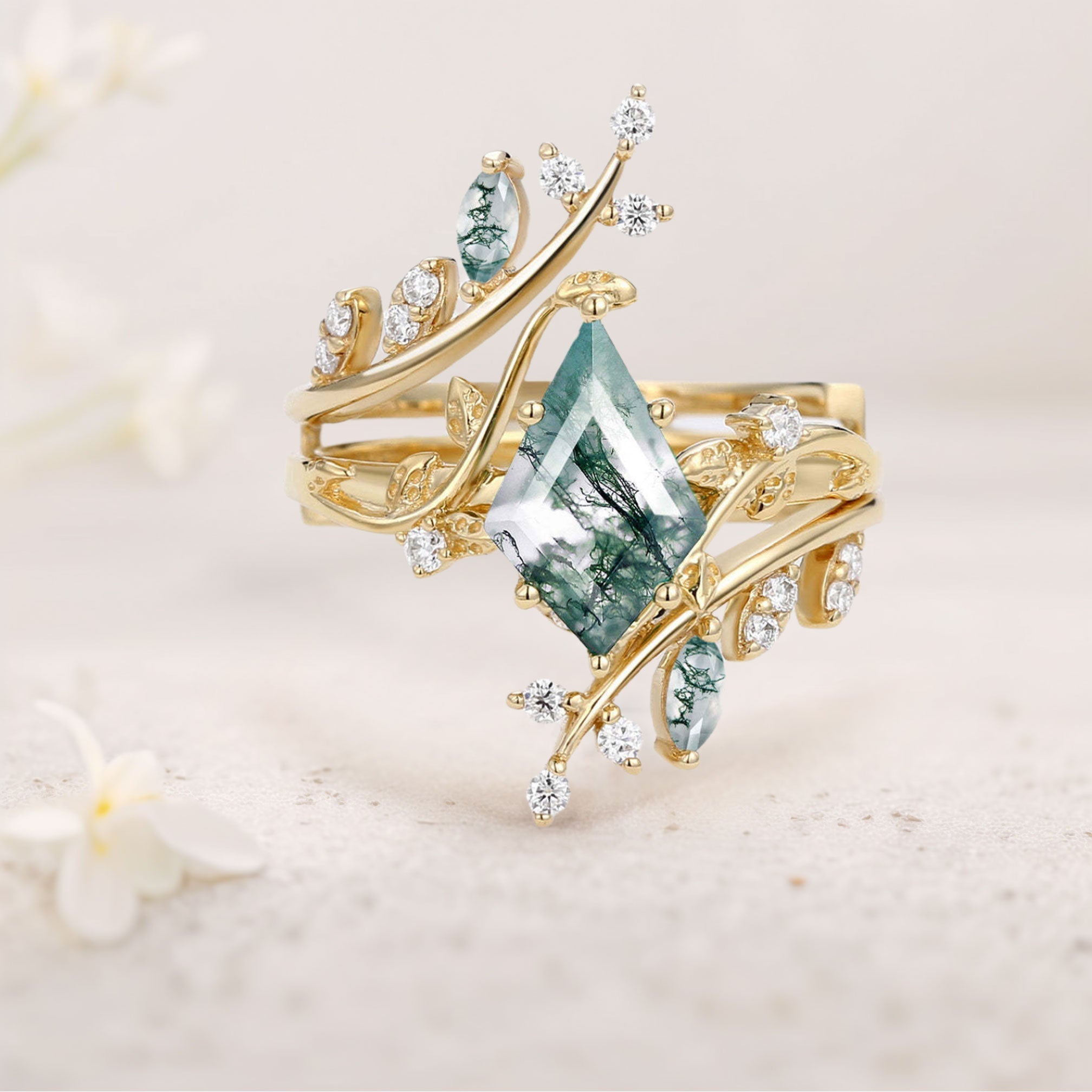 Unique floral engagement rings Kite Moss Agate Cage Leafy 18K Yellow Gold Engagement Ring Set