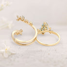 Unique floral engagement rings Kite Moss Agate Cage Leafy 18K Yellow Gold Engagement Ring Set