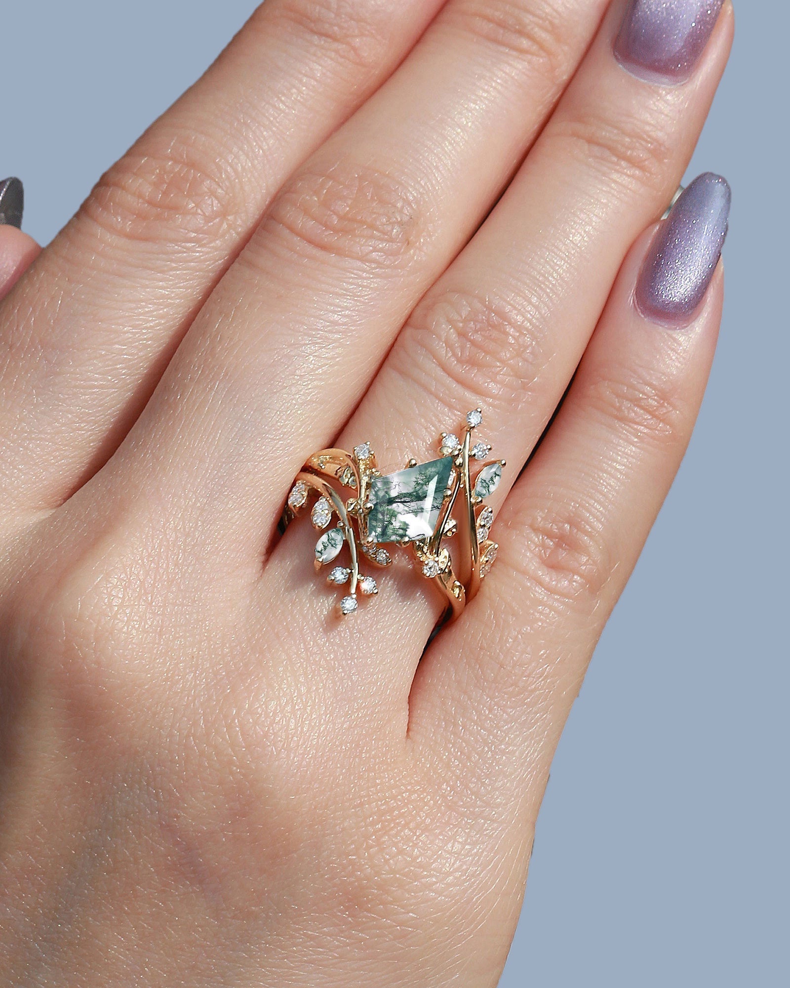 Unique floral engagement rings Kite Moss Agate Cage Leafy 18K Yellow Gold Engagement Ring Set