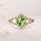 Unique Floral Three Stone Hexagon Peridot Leaf 18K Yellow Gold Ring