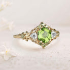 Unique Floral Three Stone Hexagon Peridot Leaf 18K Yellow Gold Ring