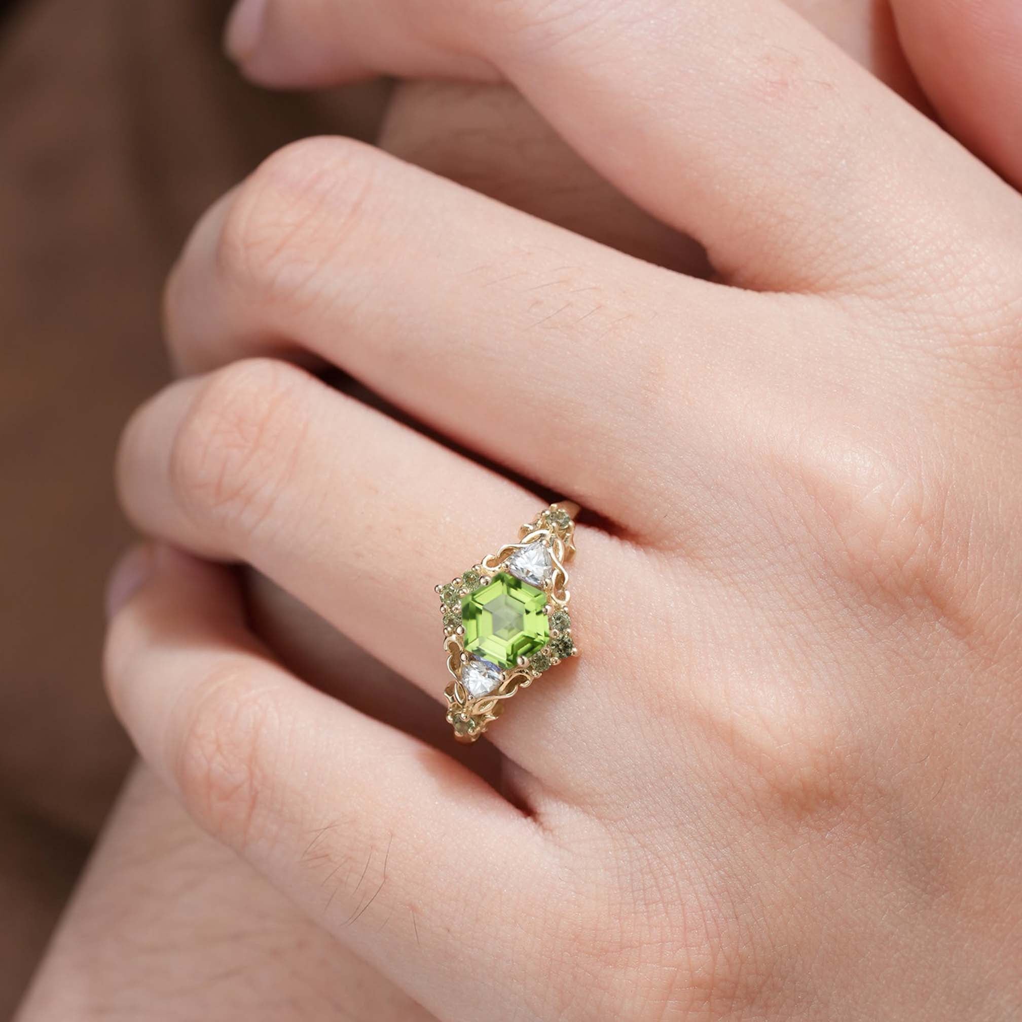 Unique Floral Three Stone Hexagon Peridot Leaf 18K Yellow Gold Ring