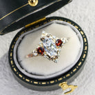 Unique Briar Rose Three Stone Marquise Moissanite and Lab Ruby 18K Yellow Gold Ring