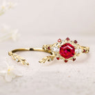 Unique floral engagement rings Hexagon Lab Ruby 18K Yellow Gold Engagement Ring set Promise Proposal Ring set