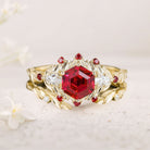 Unique floral engagement rings Hexagon Lab Ruby 18K Yellow Gold Engagement Ring set Promise Proposal Ring set