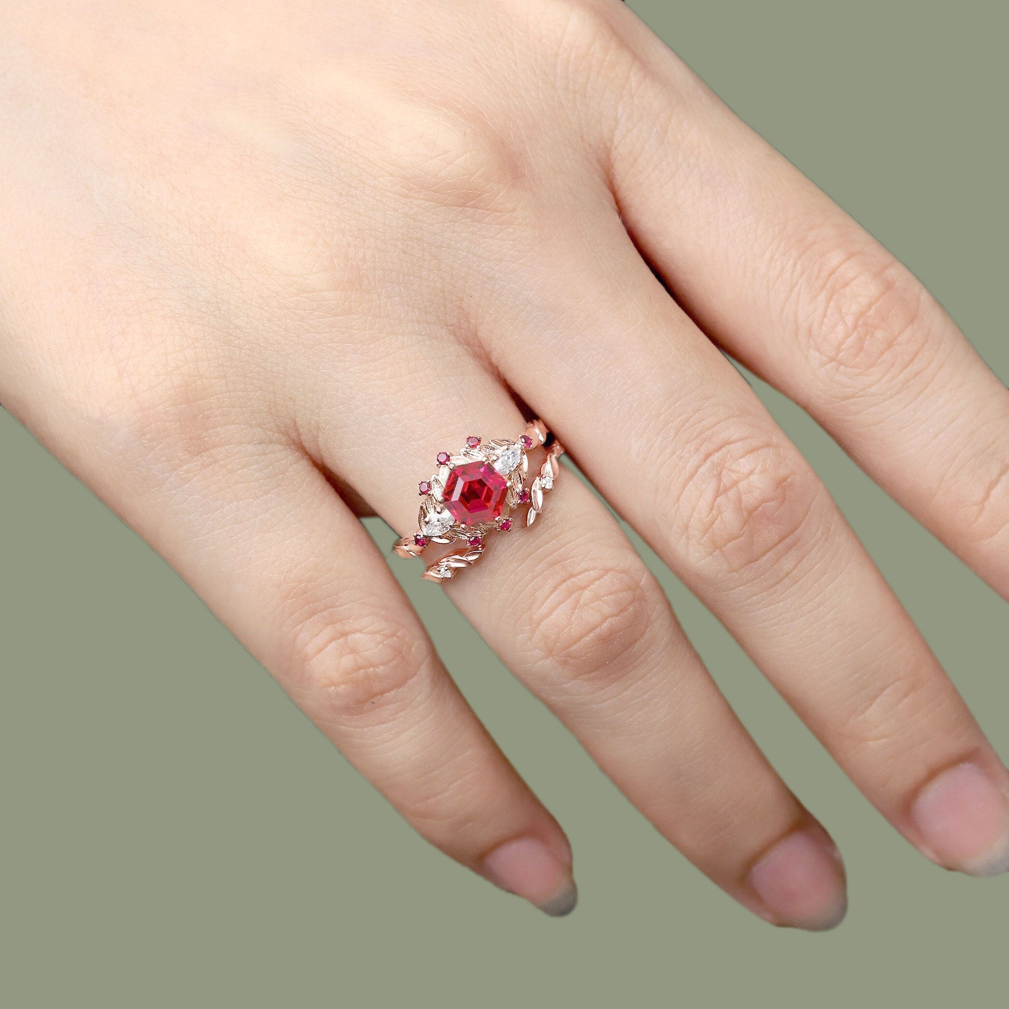 Unique floral engagement rings Hexagon Lab Ruby 18K Yellow Gold Engagement Ring set Promise Proposal Ring set