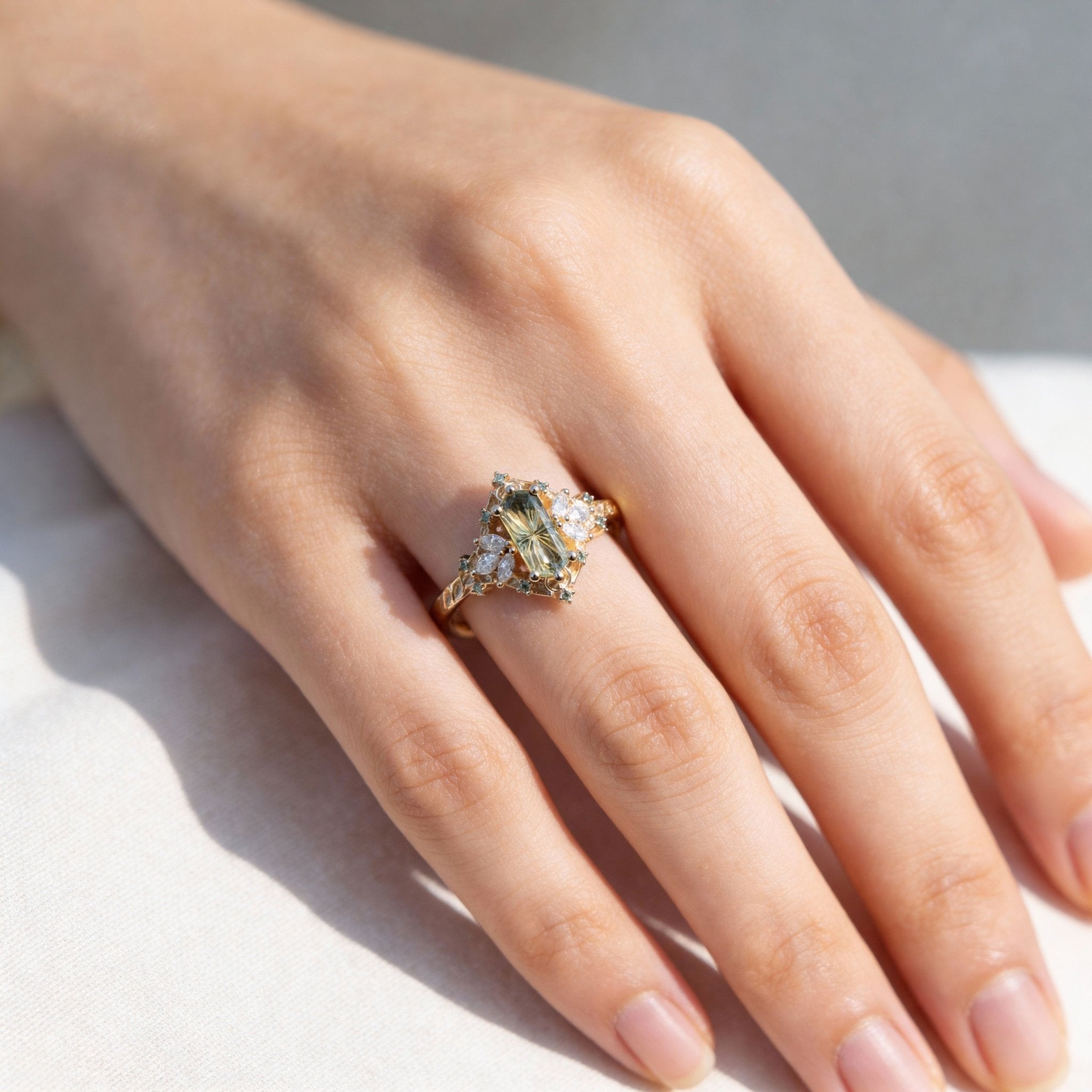 Unique Fairy Hexagon Green Lab Sapphire 14k yellow gold Engagement Ring