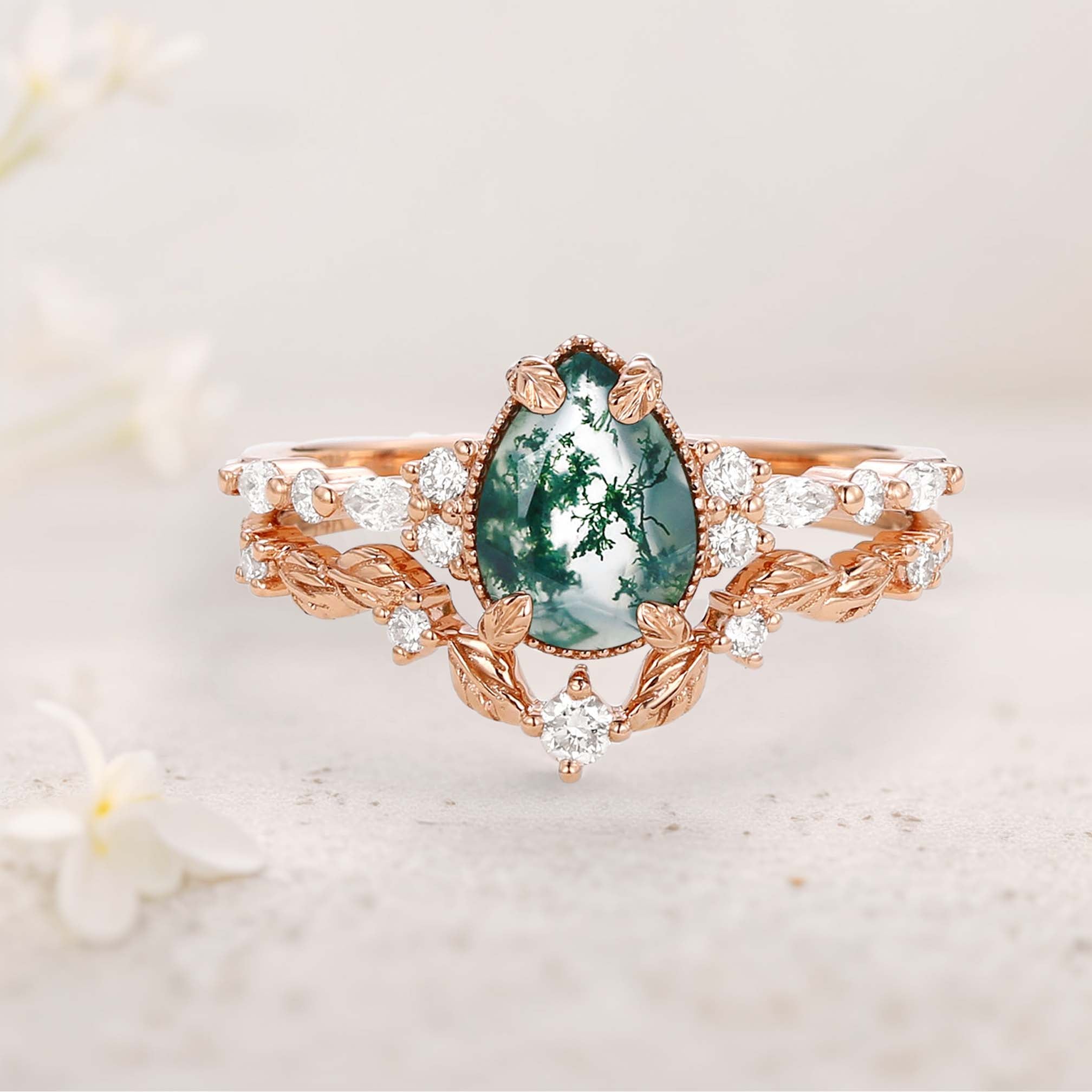 Vintage floral engagement rings Pear Moss Agate Leafy 18K Rose Gold Engagement Ring Set