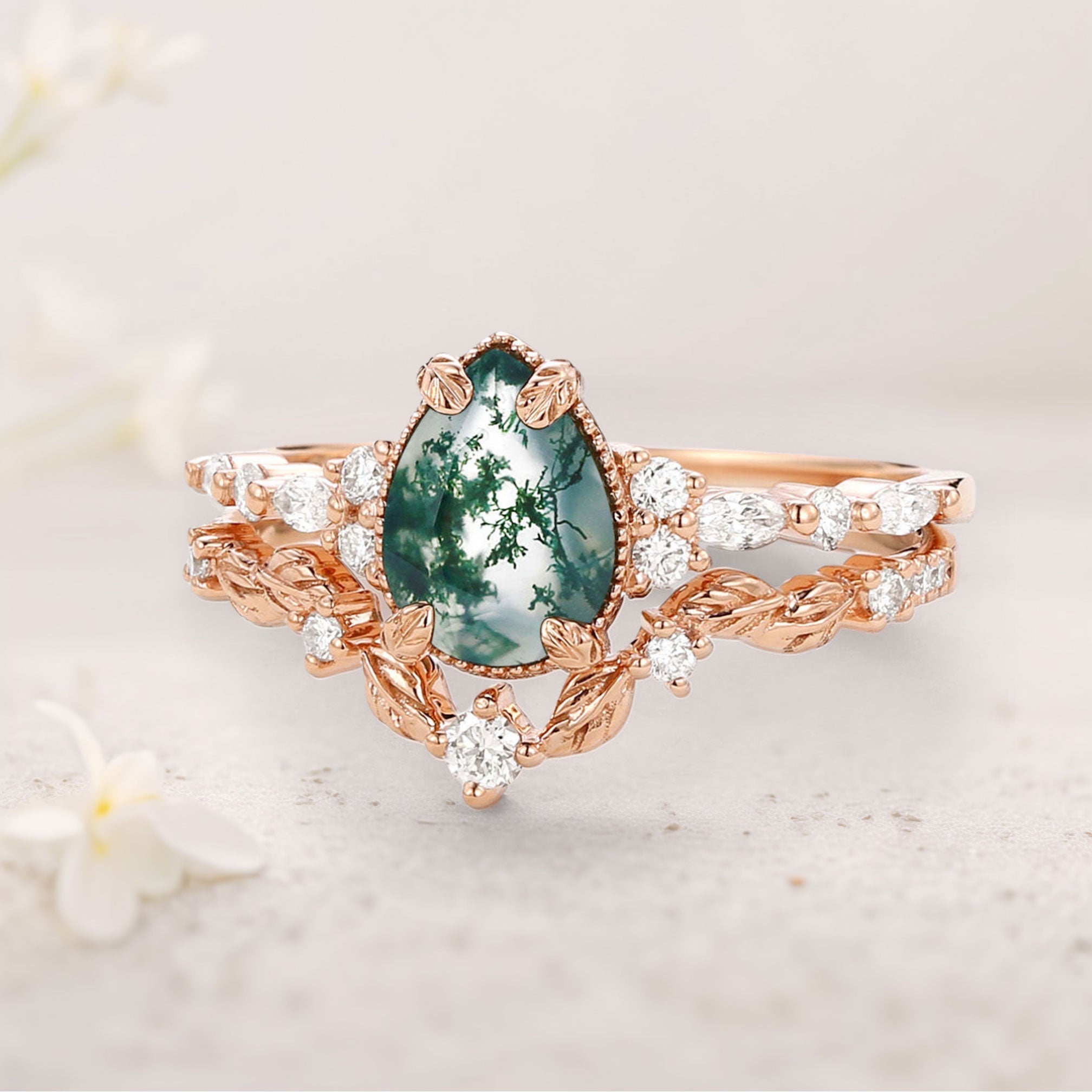 Vintage floral engagement rings Pear Moss Agate Leafy 18K Rose Gold Engagement Ring Set