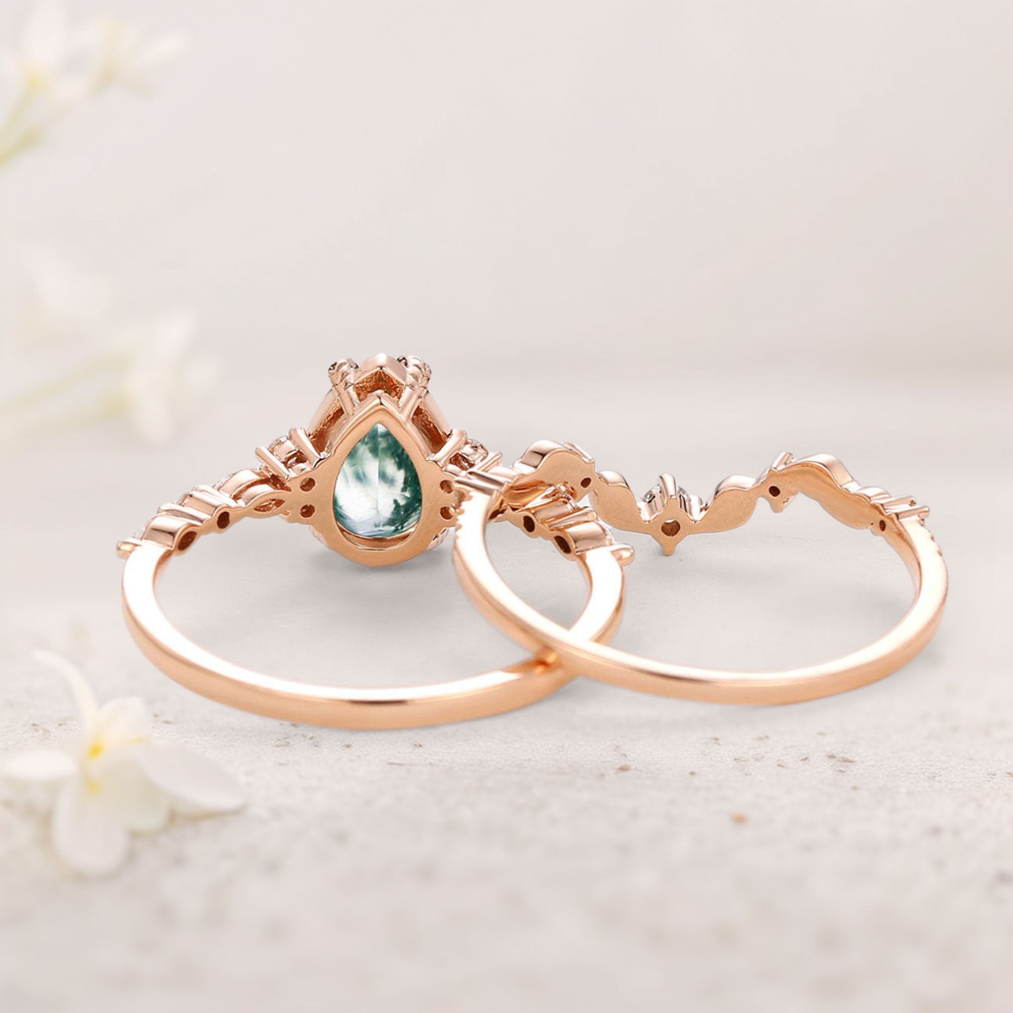 Vintage floral engagement rings Pear Moss Agate Leafy 18K Rose Gold Engagement Ring Set