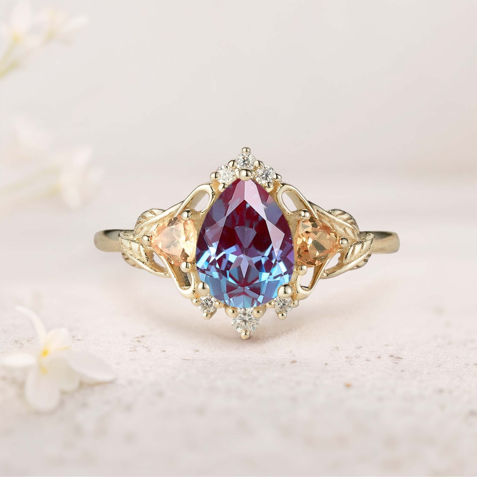 Unique Pear Lab Alexandrite Leaf Ring 18K Yellow Gold Engagement Ring