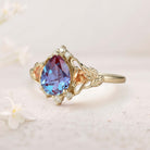 Unique Pear Lab Alexandrite Leaf Ring 18K Yellow Gold Engagement Ring