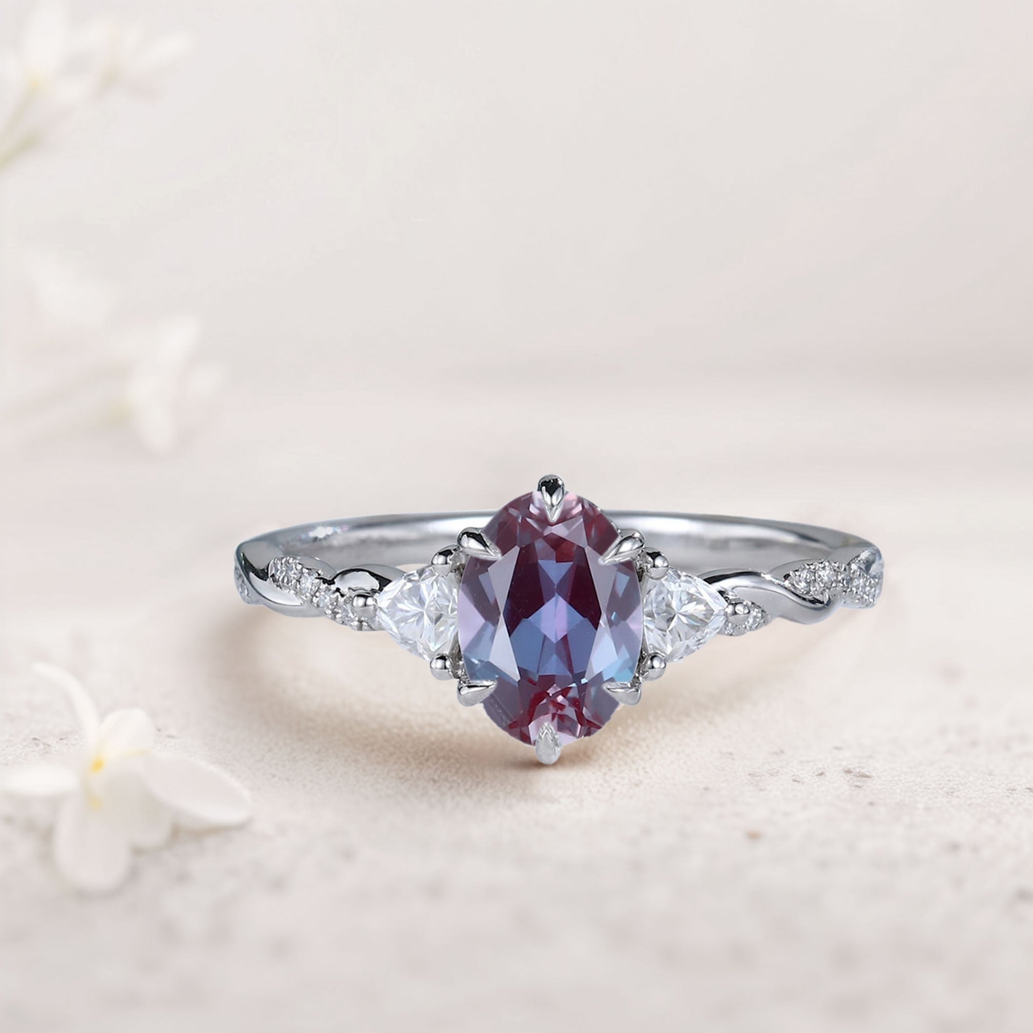 Unique Three Stone Oval Lab Alexandrite Ring 18K White Gold Engagement Ring