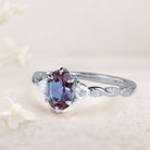 Unique Three Stone Oval Lab Alexandrite Ring 18K White Gold Engagement Ring