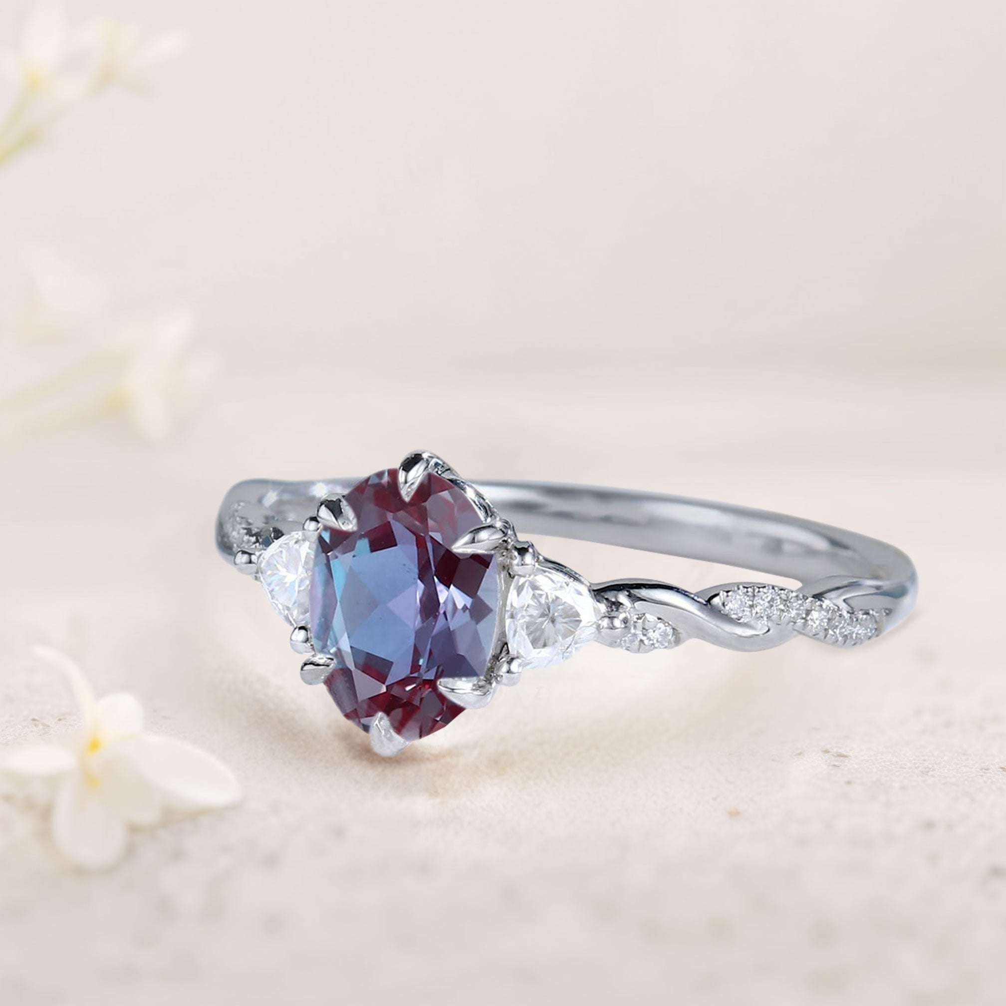 Unique Three Stone Oval Lab Alexandrite Ring 18K White Gold Engagement Ring