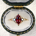 Unique Briar Rose Three Stone Marquise Lab Ruby and Black Onyx 18K Yellow Gold Ring