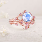 Unique floral engagement rings Round Lab Moonstone and Moissanite 18K Rose Gold Ring Set