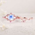 Unique floral engagement rings Round Lab Moonstone and Moissanite 18K Rose Gold Ring Set