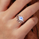 Unique floral engagement rings Round Lab Moonstone and Moissanite 18K Rose Gold Ring Set