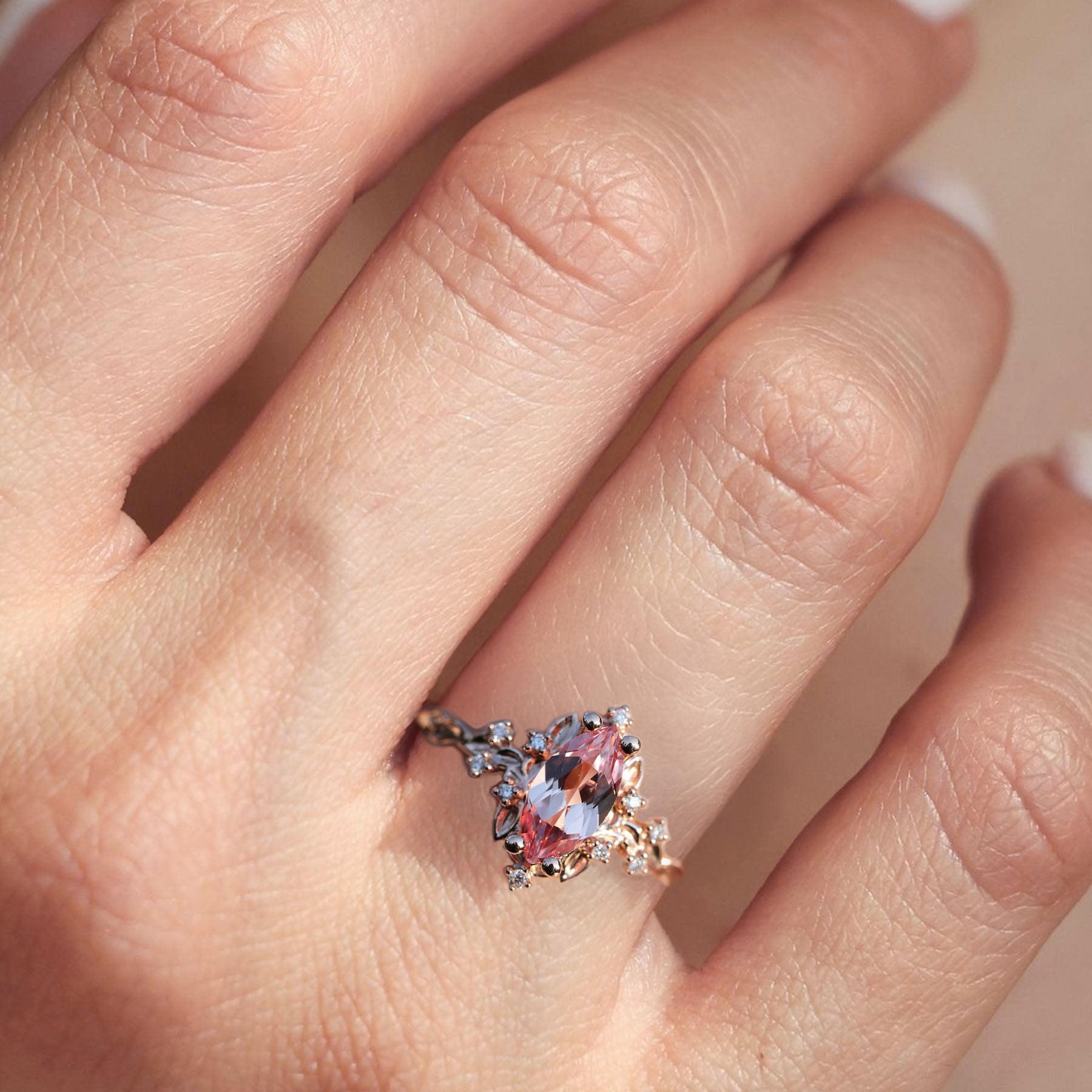 Unique Briar Halo Marquise Padparadscha Ring - Orlina Jewelry