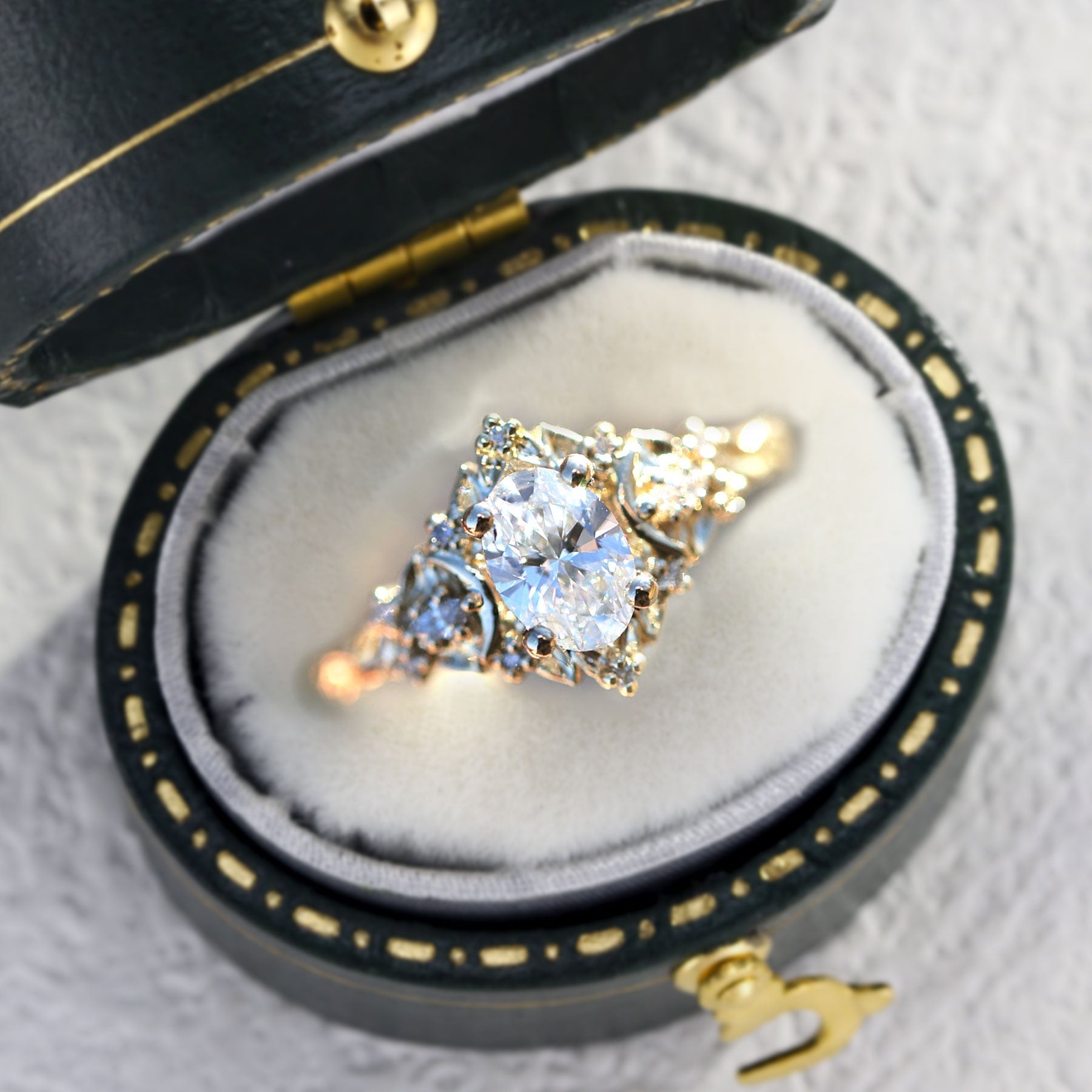 Unique Briar Moon Three Stone Oval Moissanite Engagement Ring - Orlina Jewelry