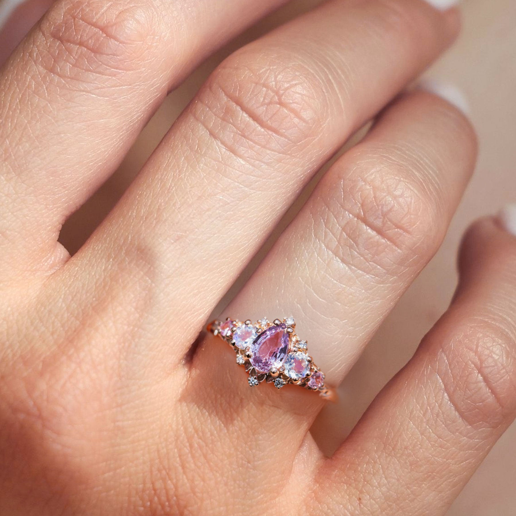 Unique Briar Rose Five Stone Pear Padparadscha and Moonstone Ring - Orlina Jewelry