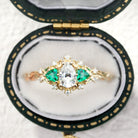 Unique Briar Rose Pear Moissanite and Emerald Ring - Orlina Jewelry
