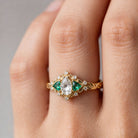 Unique Briar Rose Pear Moissanite and Emerald Ring - Orlina Jewelry