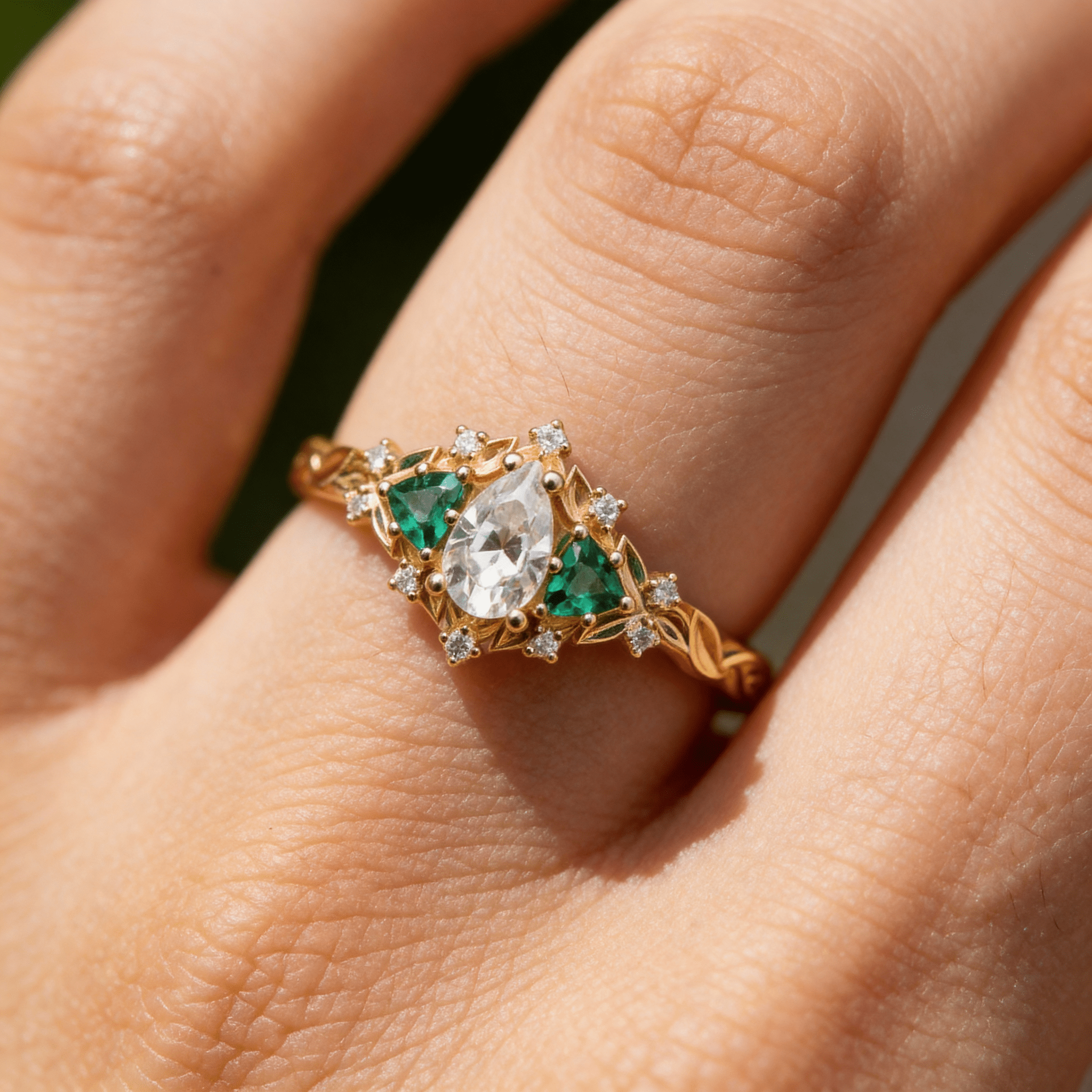 Unique Briar Rose Pear Moissanite and Emerald Ring - Orlina Jewelry