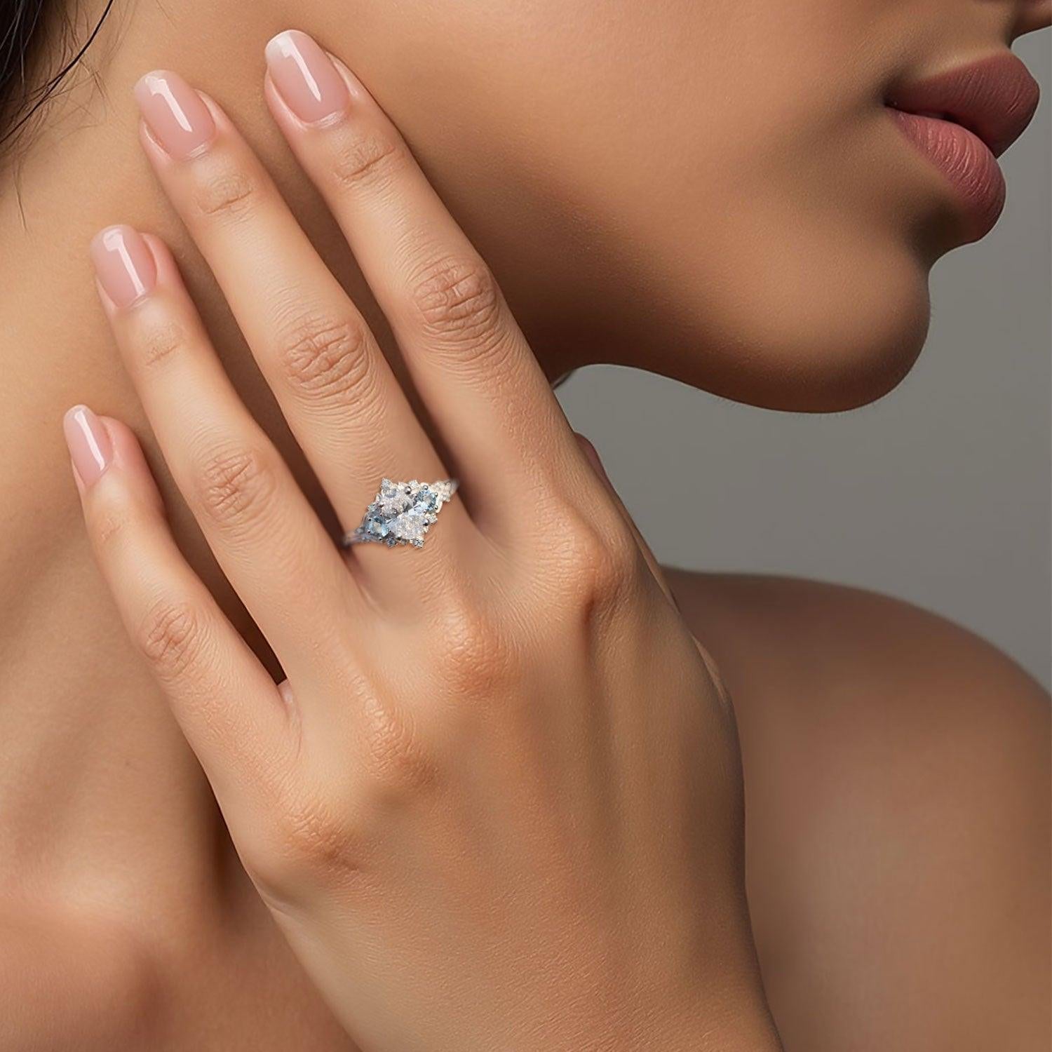 Unique Briar Rose Three Stone Oval Lab Grown Diamond and Aquamarine Ring - Orlina Jewelry