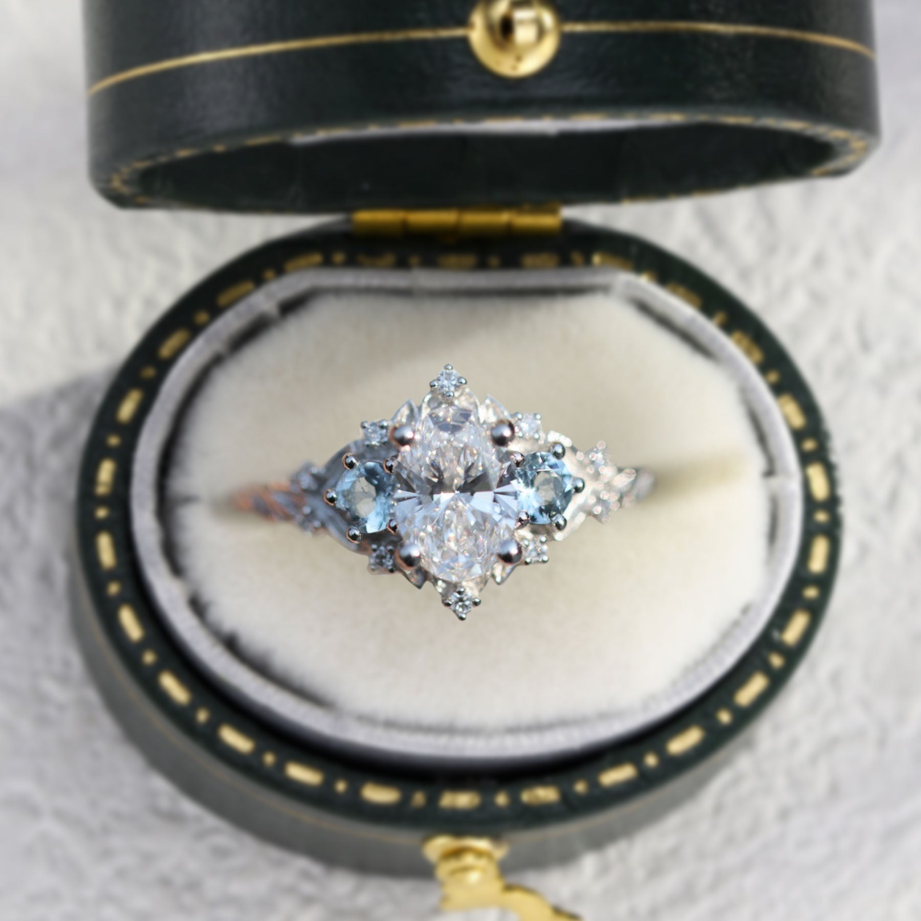 Unique Briar Rose Three Stone Oval Lab Grown Diamond and Aquamarine Ring - Orlina Jewelry
