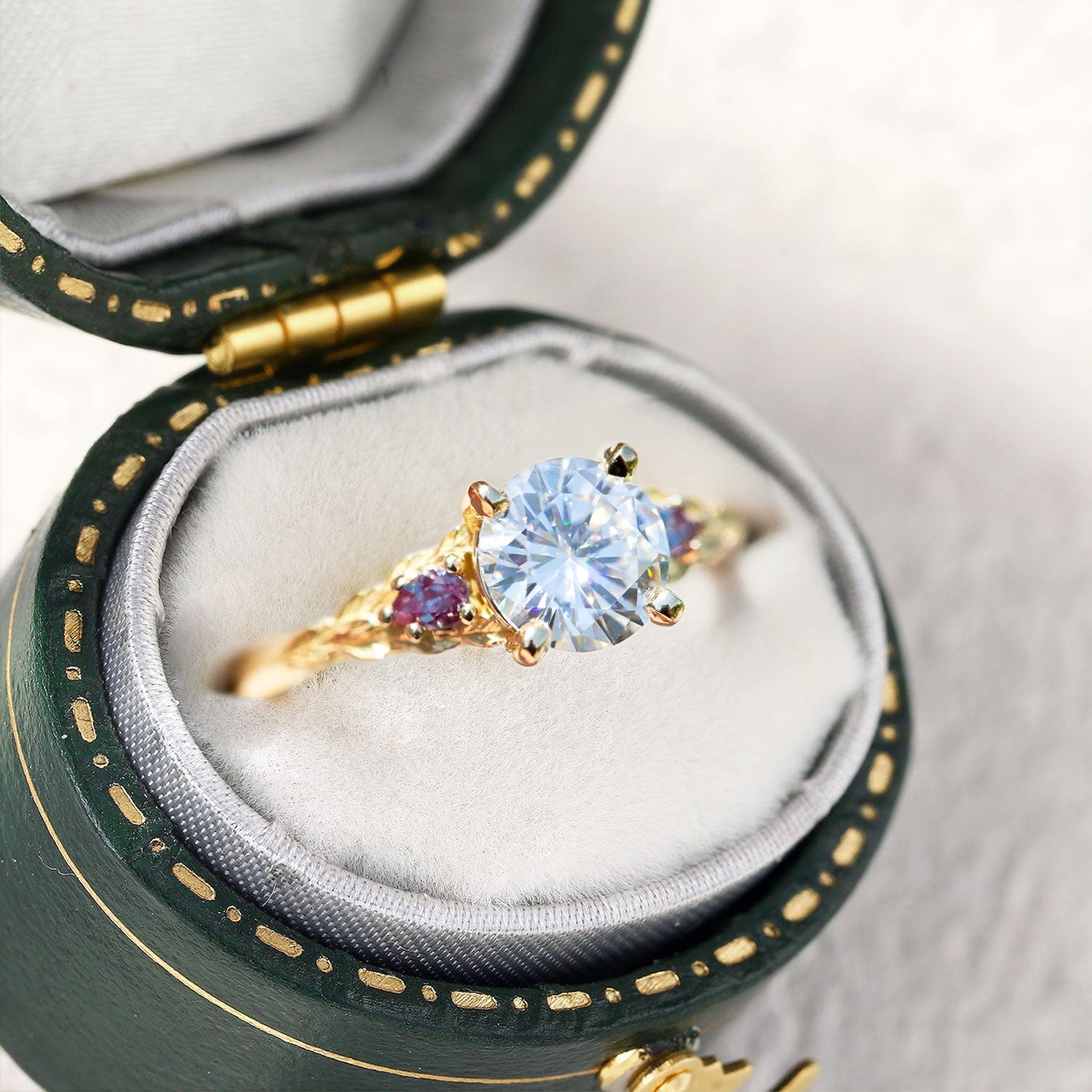 Unique Celestial Round Moissanite and Alexandrite Engagement Ring - Orlina Jewelry