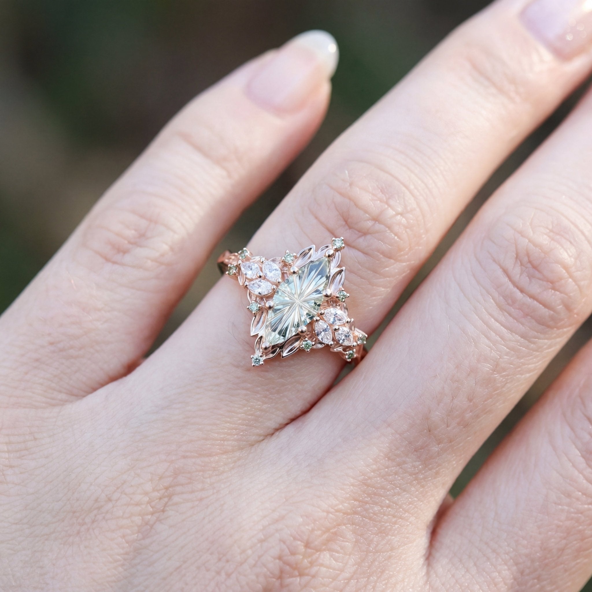 Unique Elvindell Starlight Marquise Green Lab Sapphire Cluster Ring - Orlina Jewelry