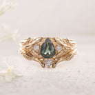 Unique floral engagement rings Pear Green Lab Sapphire 18K Yellow Gold engagement ring with Moissanite Wedding Set