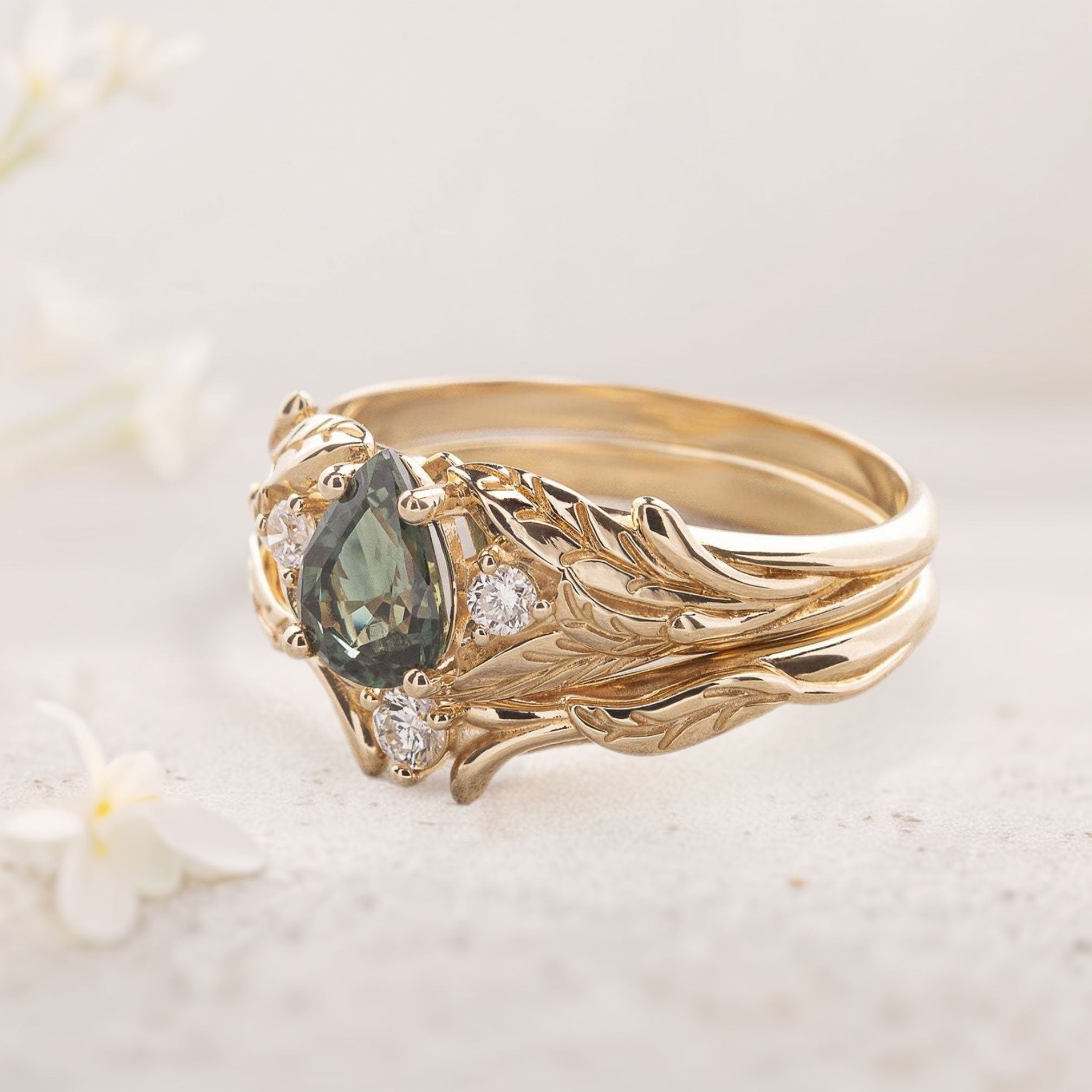 Unique floral engagement rings Pear Green Lab Sapphire 18K Yellow Gold engagement ring with Moissanite Wedding Set