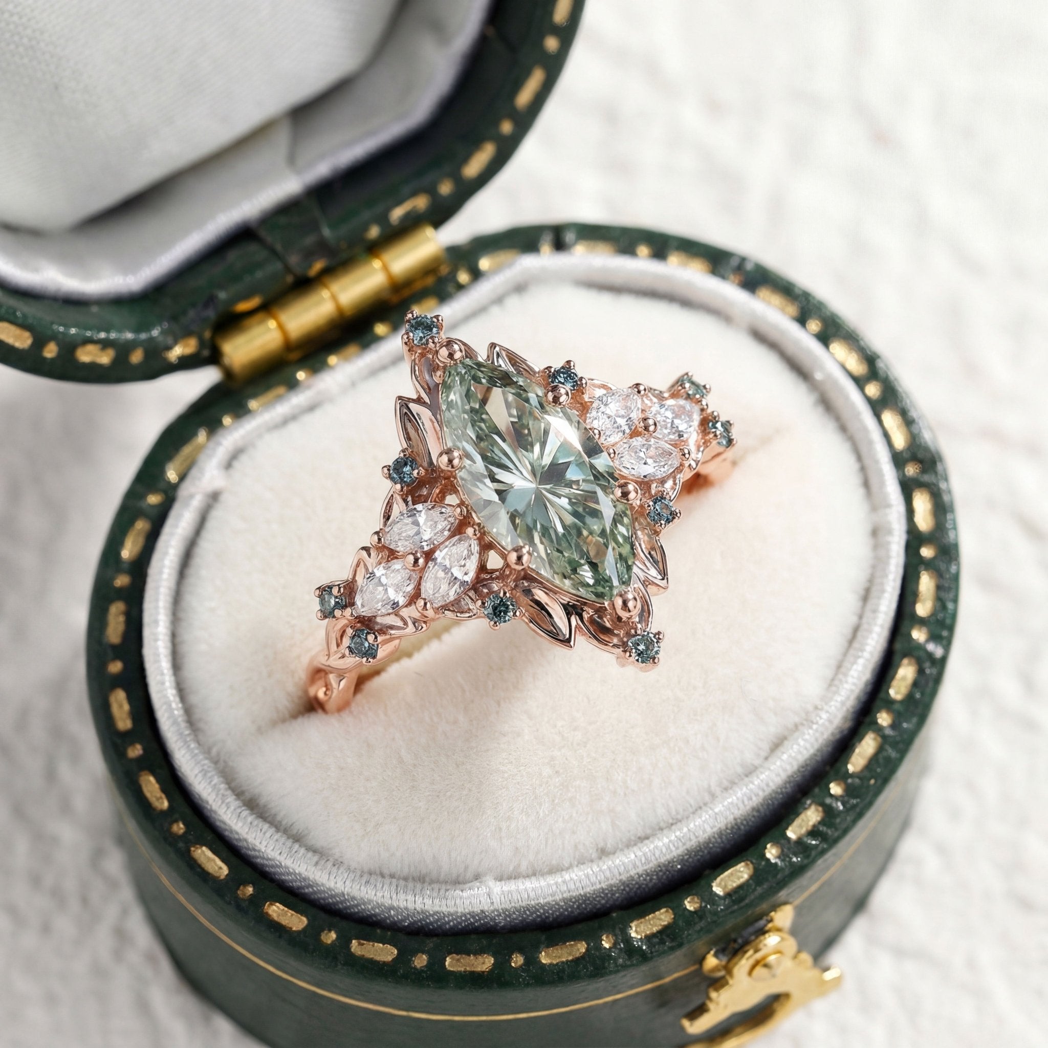 Unique Elvindell Starlight Marquise Green Lab Sapphire 14k yellow gold Cluster Ring