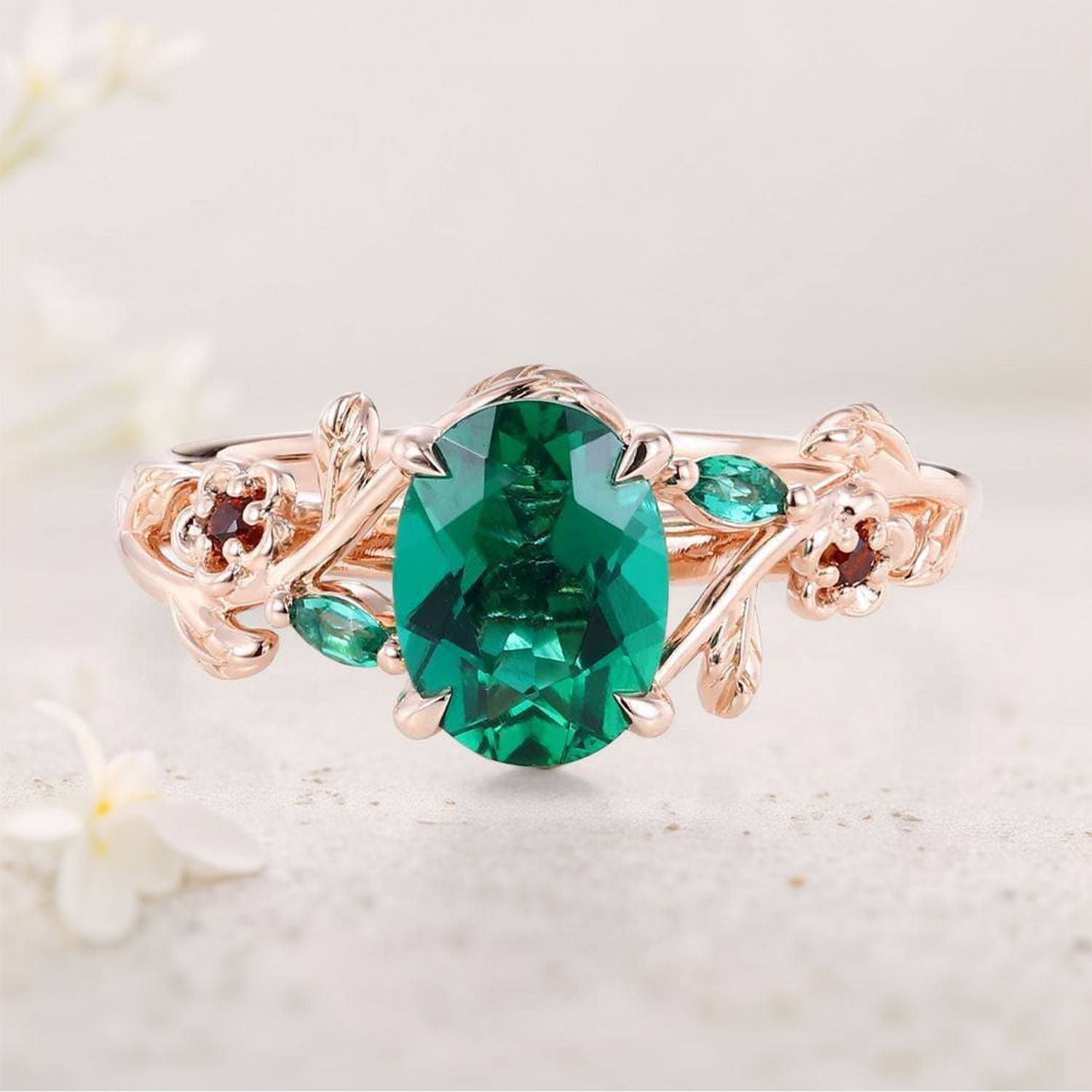 Unique Oval Lab Emerald 18K Yellow Gold Engagement Ring with Lab Ruby Accents