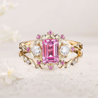Unique Emerald Cut Lab Padparadscha Floral 18K Yellow Gold Engagement Ring Set