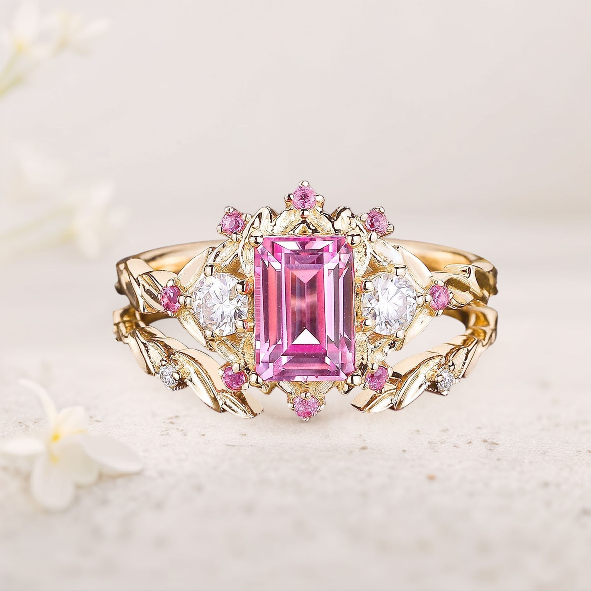 Unique Emerald Cut Lab Padparadscha Floral 18K Yellow Gold Engagement Ring Set