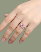 Unique Emerald Cut Lab Padparadscha Floral 18K Yellow Gold Engagement Ring Set