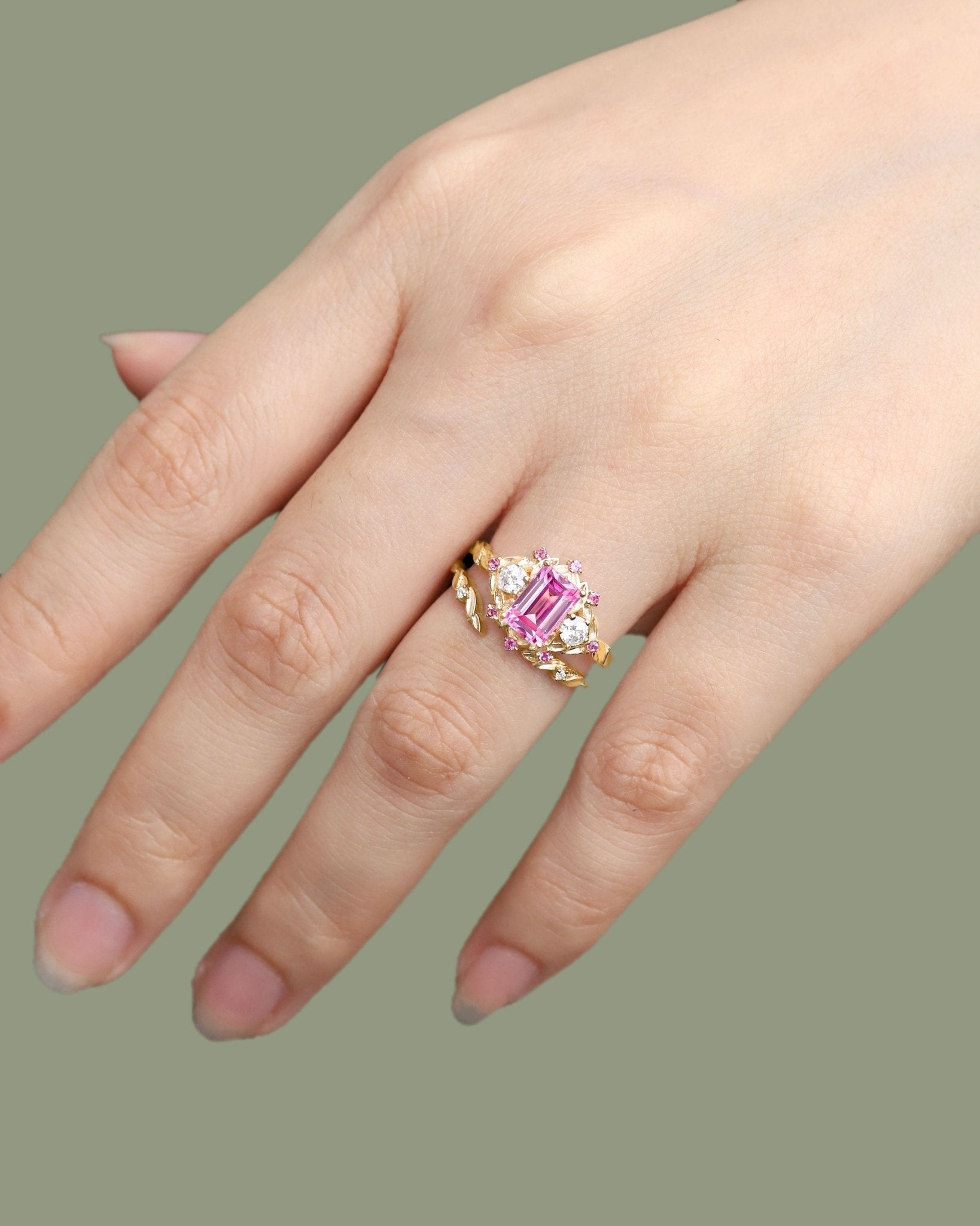 Unique Emerald Cut Lab Padparadscha Floral 18K Yellow Gold Engagement Ring Set