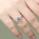 Unique Round Gray Moissanite Leaf Engagement Ring Set Bridal Promise Ring Moissanite 18K Yellow Gold Cluster Flower Wedding Band