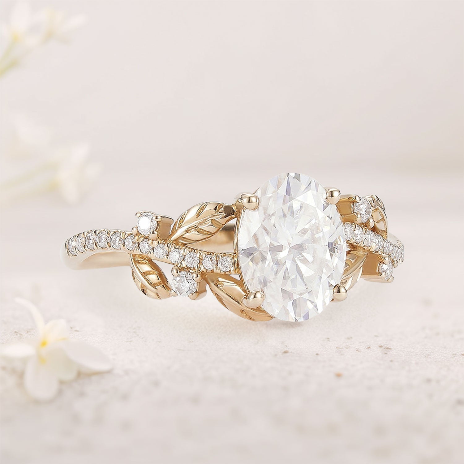 Unique Oval Moissanite Leafy 18K Yellow Gold Engagement Ring