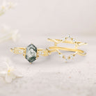Vintage floral engagement rings Long Hexagon Moss Agate 18K Yellow Gold Wedding Ring Set